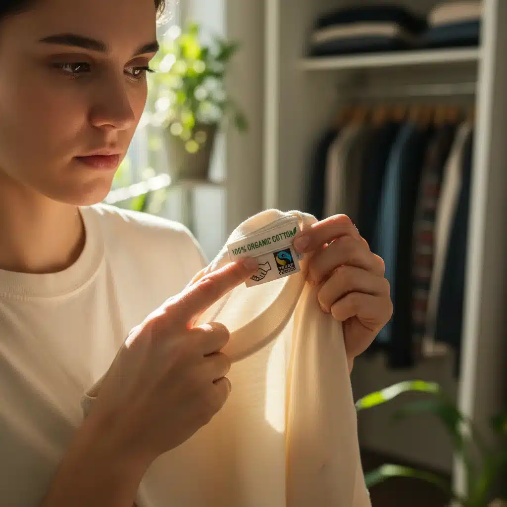 Person reading a clothing label for ethical sourcing information.