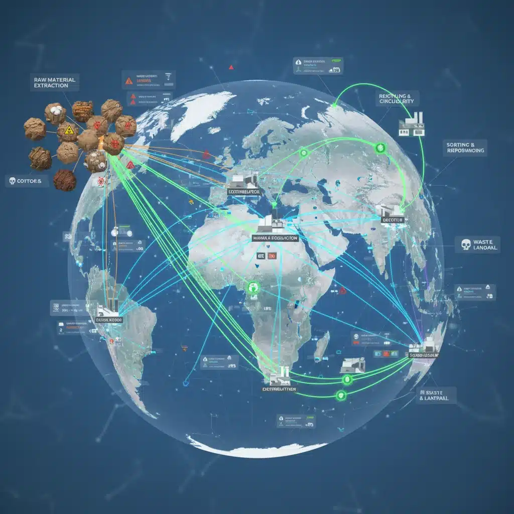 Complex global textile supply chain illustrating various stages from raw material to recycling.