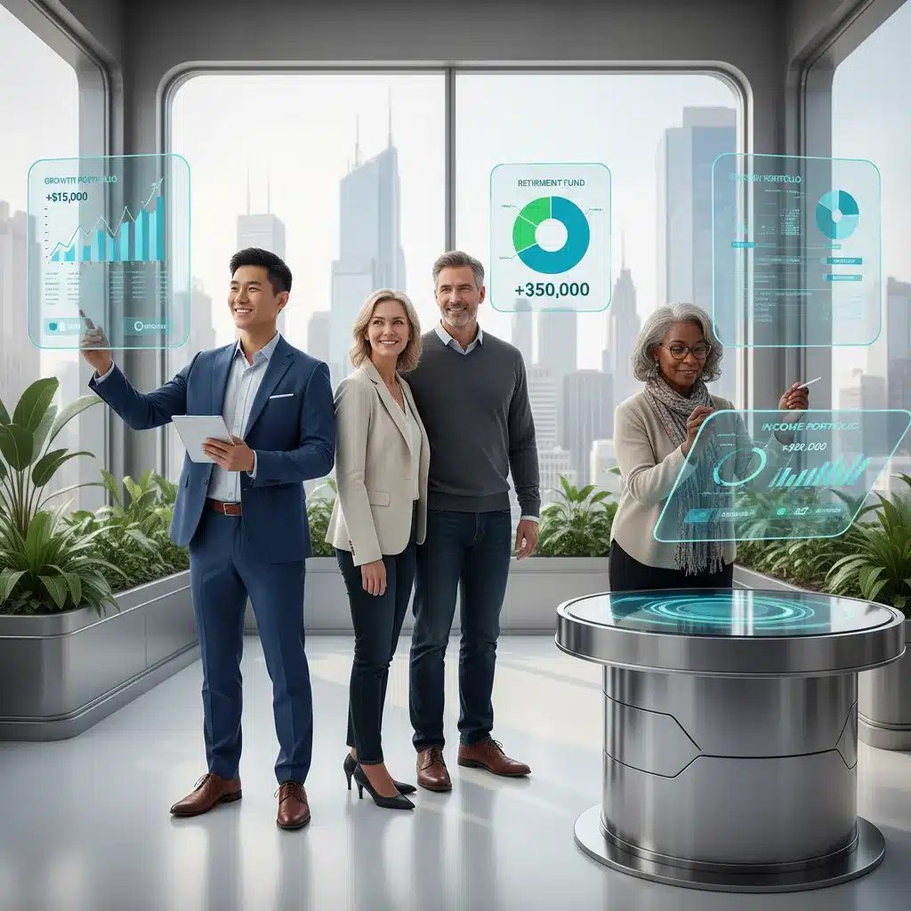 Diverse investors confidently managing their portfolios on digital screens