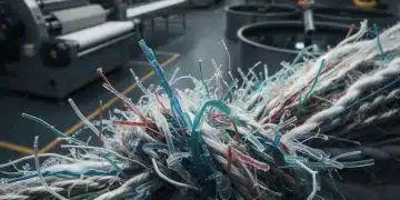 Microplastic fibers intertwined with textile fabric, symbolizing new EPA regulations for textile factories.