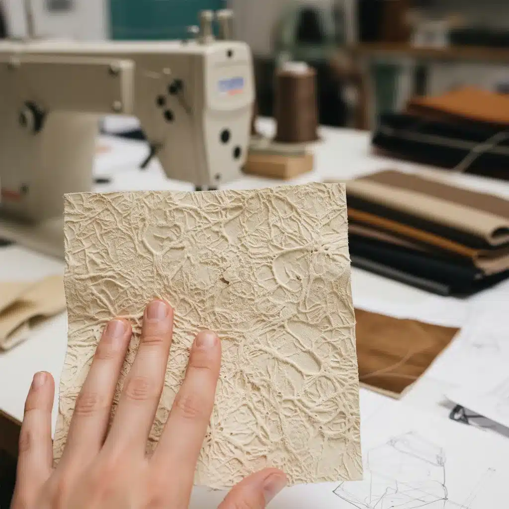 Hand touching mycelium leather sample, showcasing organic texture