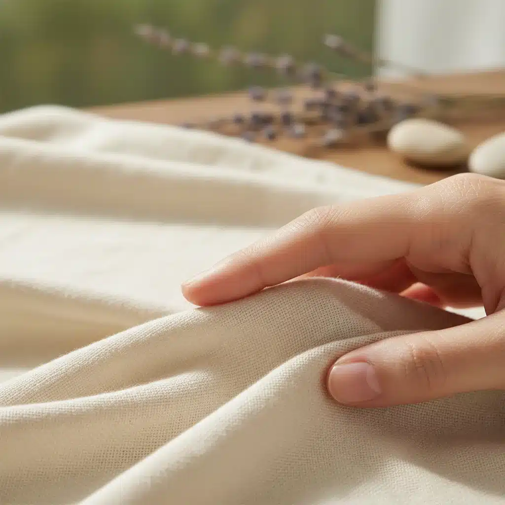 Hand touching soft organic cotton fabric, symbolizing comfort and natural materials.