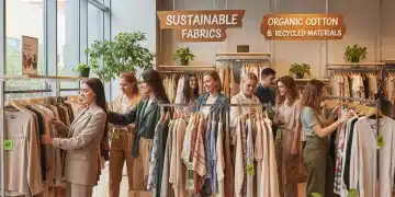 Consumers happily shopping for sustainable apparel in a modern store, showcasing eco-friendly fashion choices.