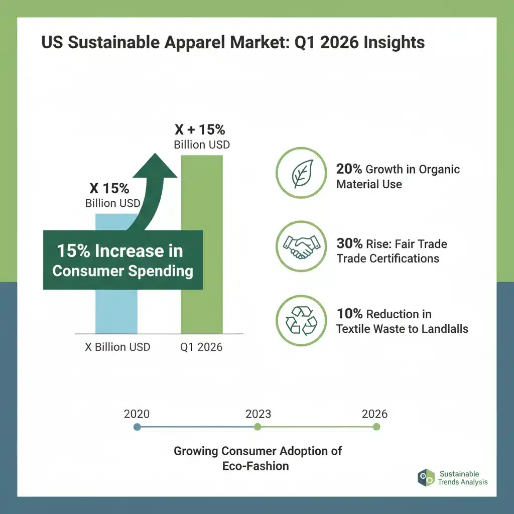 Infographic detailing a 15% rise in US sustainable apparel spending for Q1 2026 with key market data.
