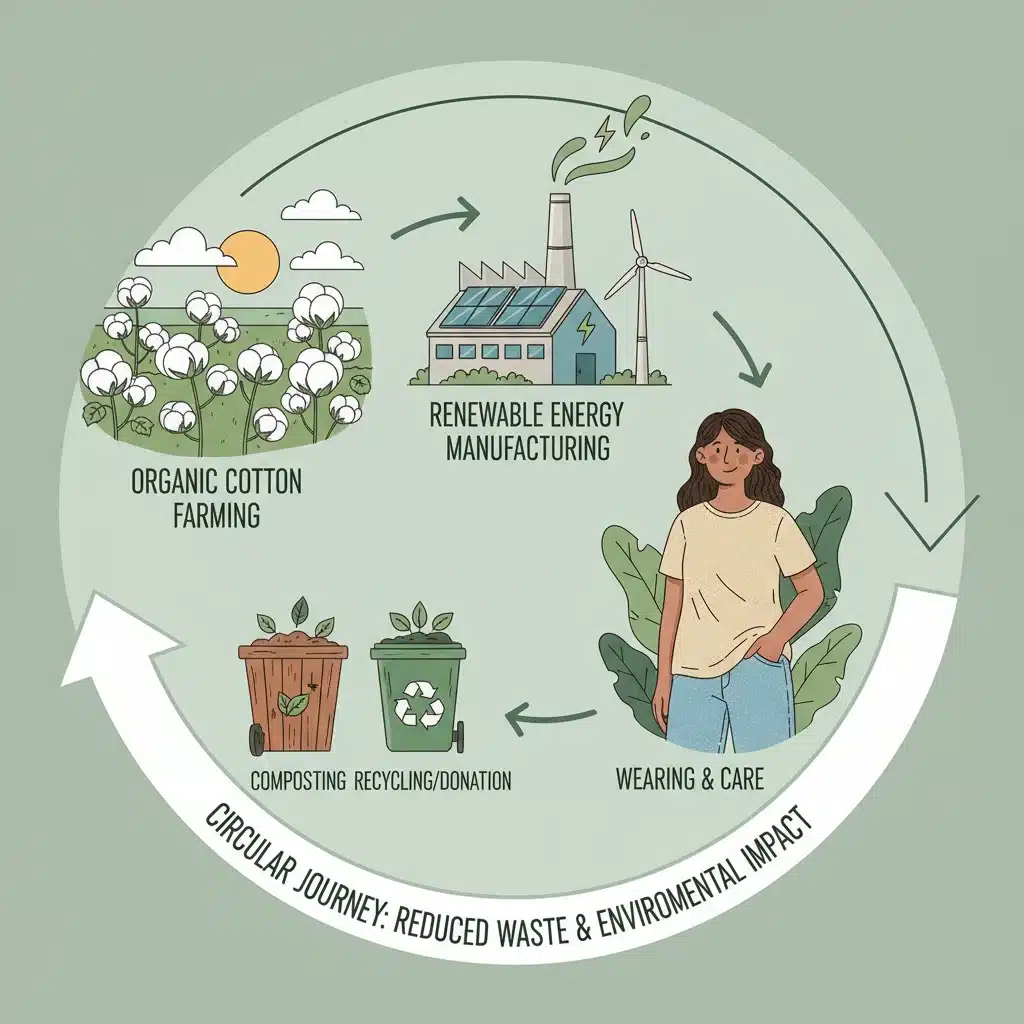 Sustainable garment lifecycle illustration, from organic cotton to recycling.