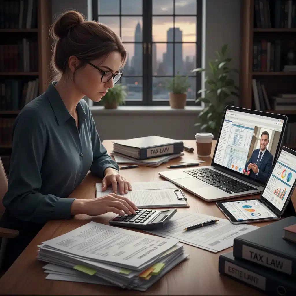 Individual meticulously reviewing tax documents and financial planning with a calculator