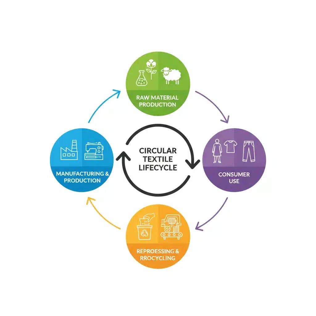 Infographic illustrating the circular economy of textiles, from production to recycling and reuse.