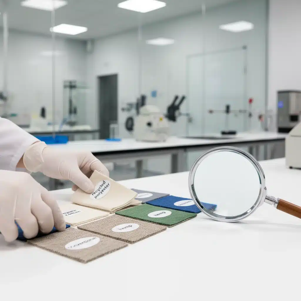 Hands examining and sorting sustainable and conventional textile samples in a lab environment.