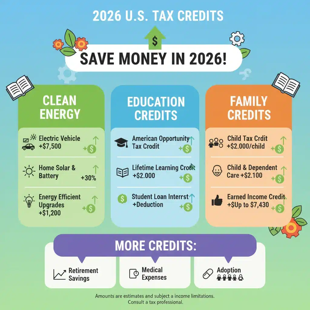 Infographic detailing various 2026 tax credit categories and potential savings