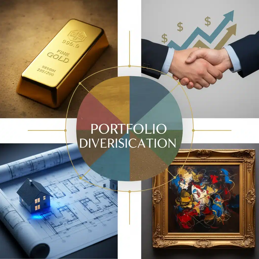 Collage of gold, real estate, venture capital, and art representing alternative investments