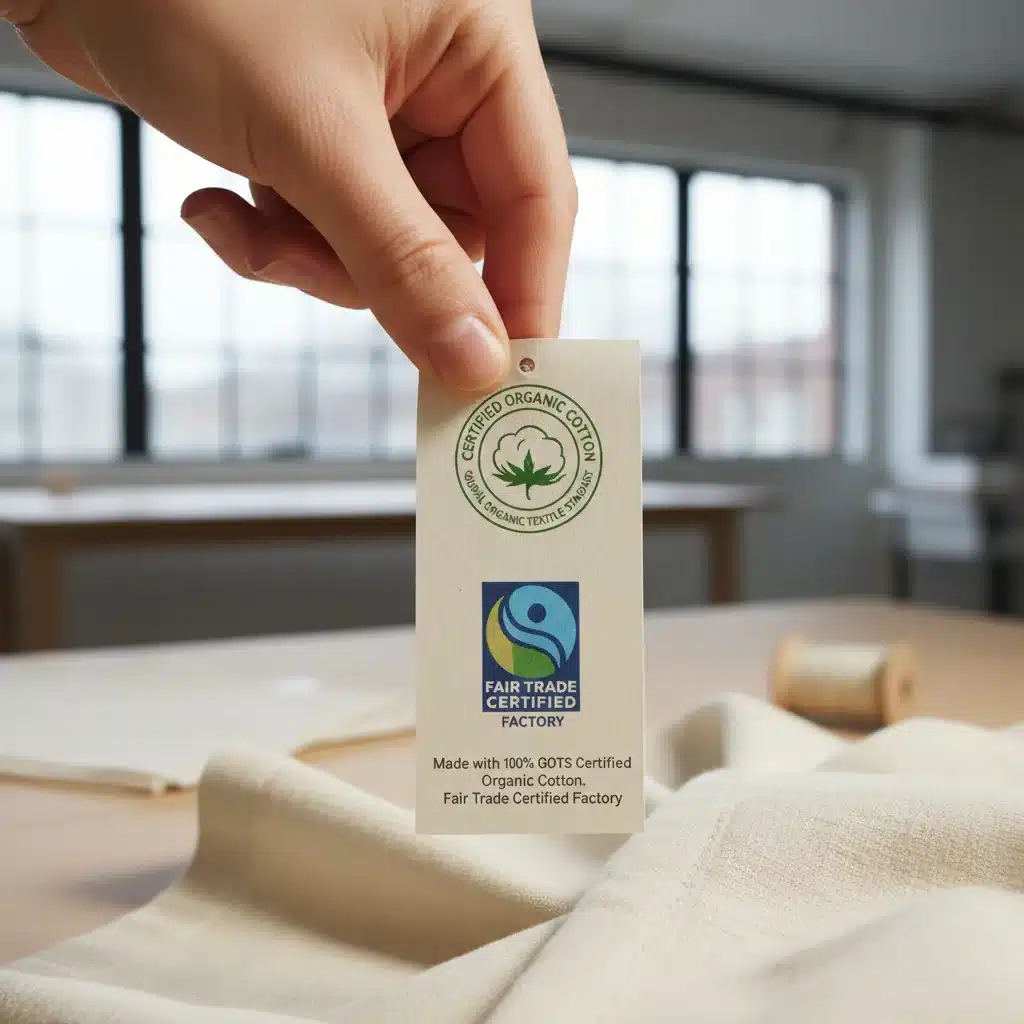 Hand holding a clothing tag with 'Certified Organic Cotton' and 'Fair Trade Certified' labels.