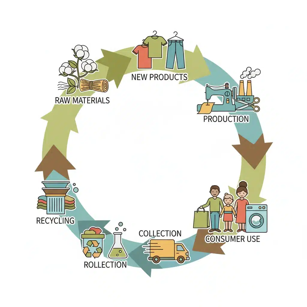 Illustration of a circular economy model for sustainable textiles and apparel.