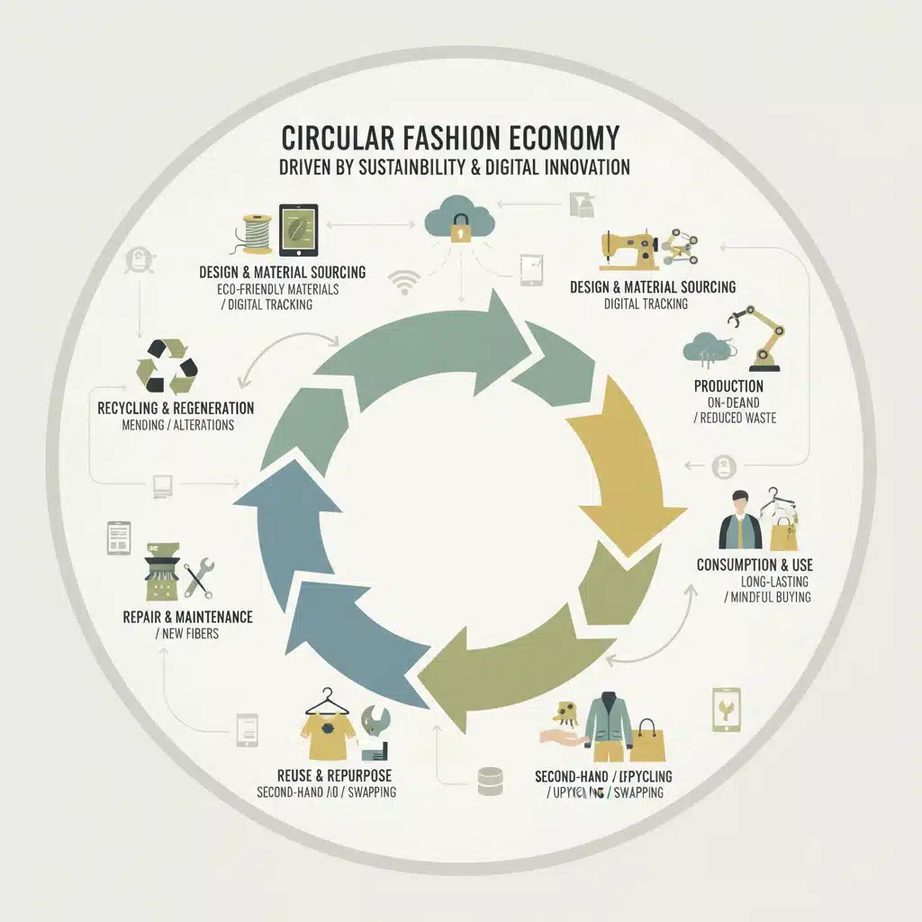 Circular economy model for sustainable fashion with digital integration.