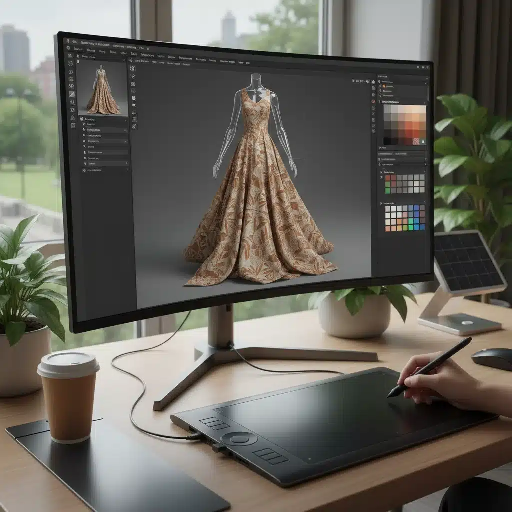 Digital workstation showing 3D sustainable fashion design software and virtual prototyping