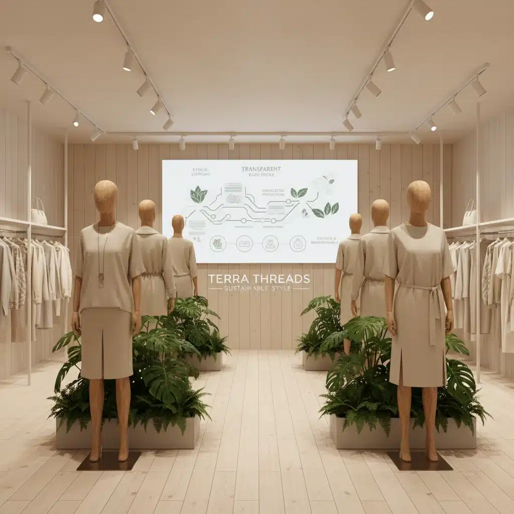 Modern eco-fashion retail store with transparent supply chain display