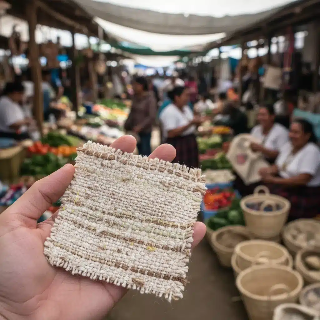 Hand holding natural fiber fabric, symbolizing artisan craft and community economic development through Fair Trade.