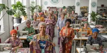 Smiling garment workers in a modern, ethical factory, showcasing Fair Trade Certified apparel production.