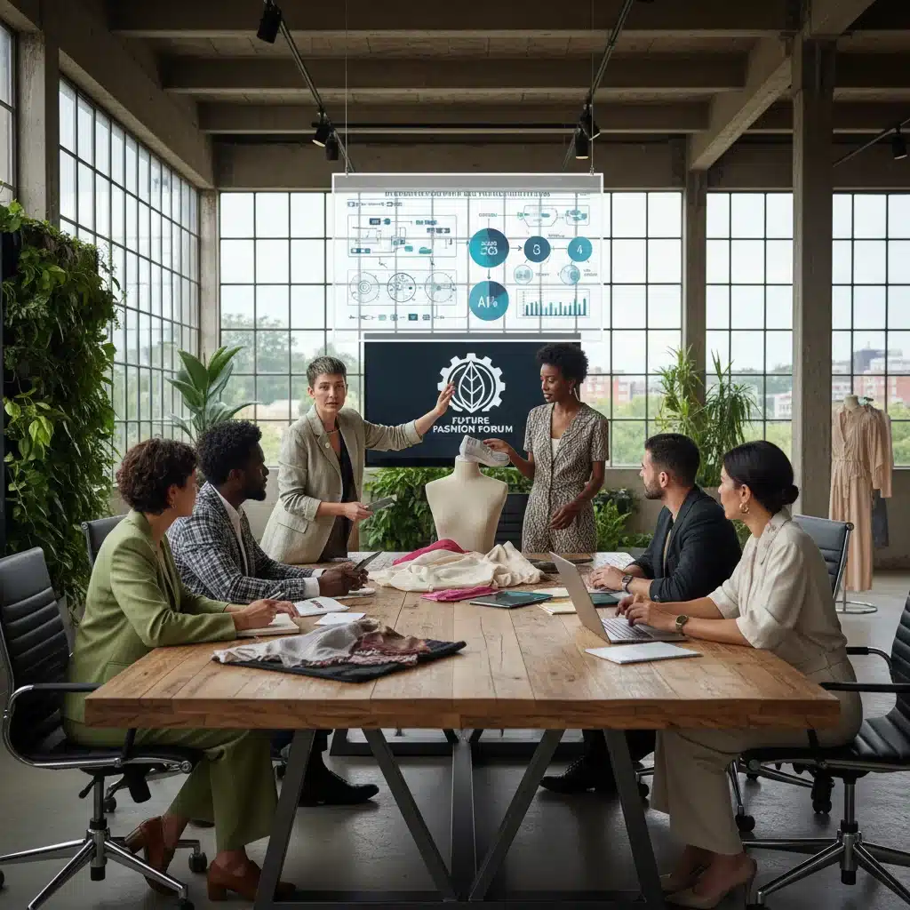 Fashion industry leaders collaborating on sustainable supply chain strategies