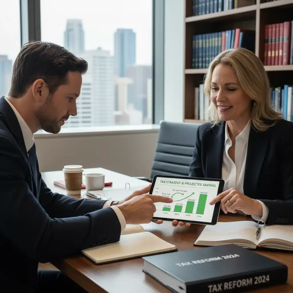 Financial advisor explaining 2026 tax strategies to a client on a tablet