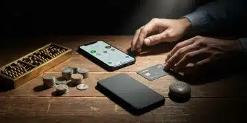 A person's hands thoughtfully arranging diverse financial tools, from vintage abacus to modern smartphone apps, on a dark wooden table with dramatic lighting, illustrating the evolving financial benefits landscape.