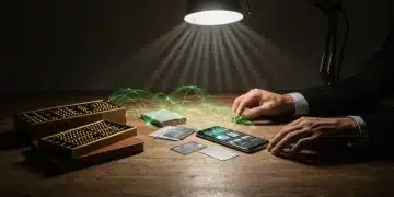 A person's hands juxtaposing vintage financial tools like an abacus with modern fintech on a smartphone, on a dark wooden table, illustrating financial evolution and strategic decision-making.
