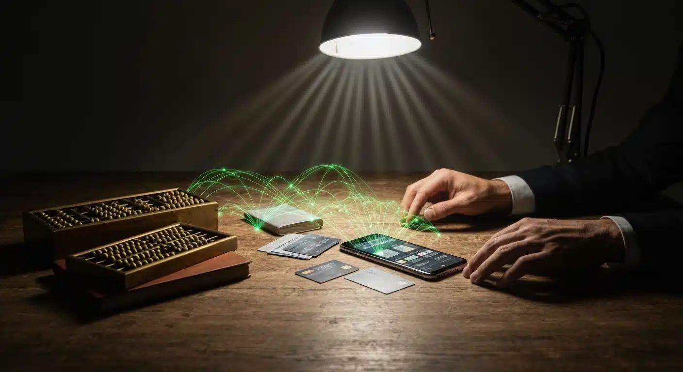 A person's hands juxtaposing vintage financial tools like an abacus with modern fintech on a smartphone, on a dark wooden table, illustrating financial evolution and strategic decision-making.