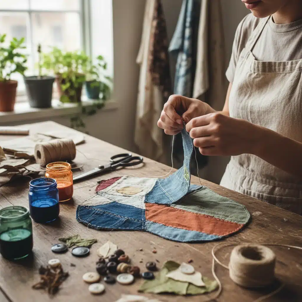 Student hands working with reclaimed fabric scraps and natural dyes for sustainable design