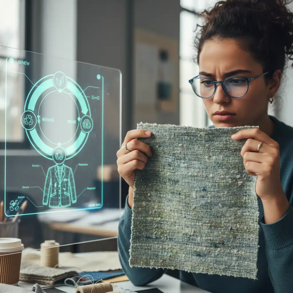 Student examining recycled fabric swatch with digital circular design interface.