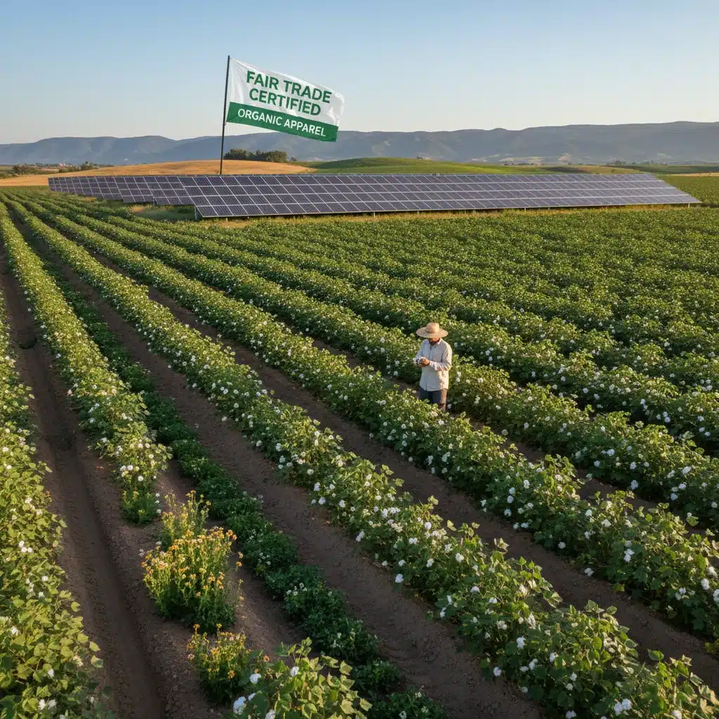 Sustainable organic cotton field with solar panels in the distance, representing eco-friendly Fair Trade apparel production.