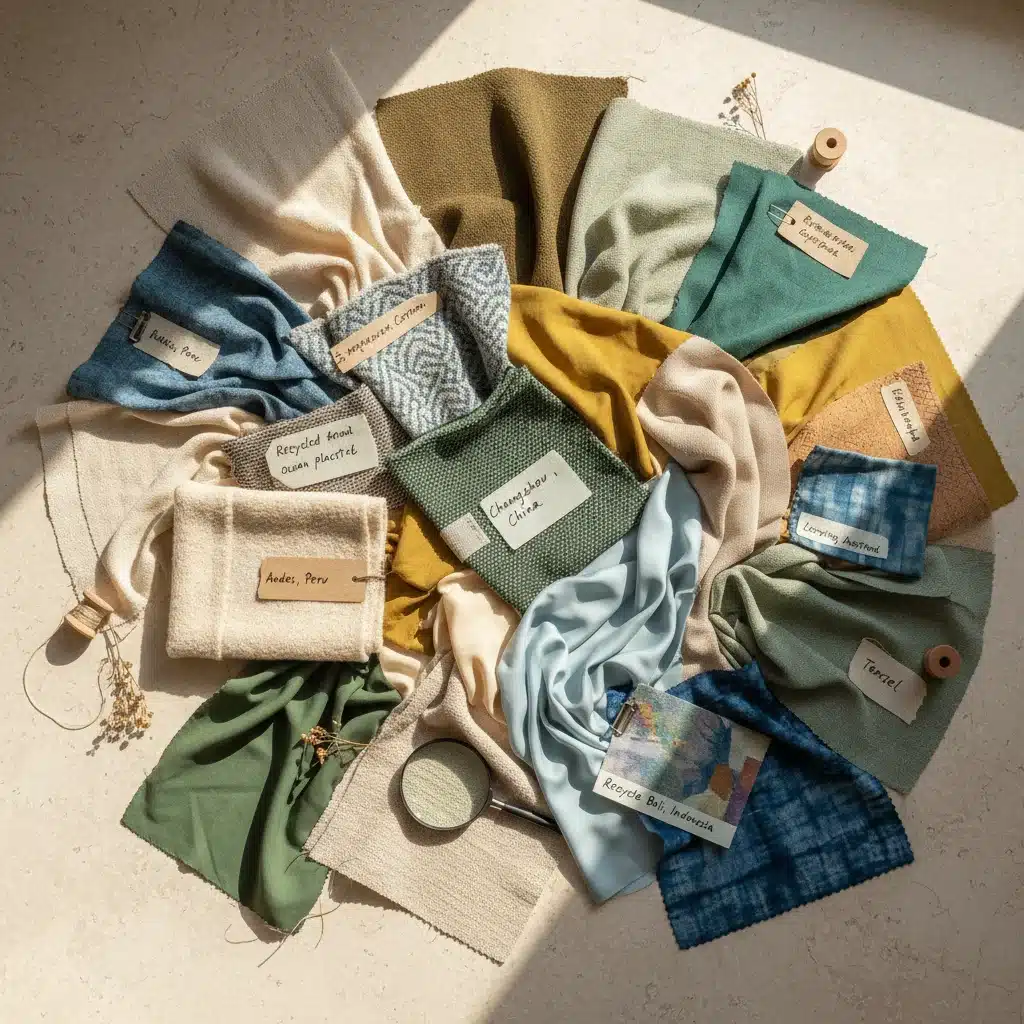 Sustainable fabric swatches showcasing organic and recycled materials