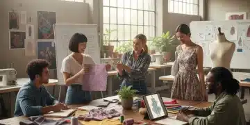 Fashion design students collaborating on sustainable textile samples in a studio setting