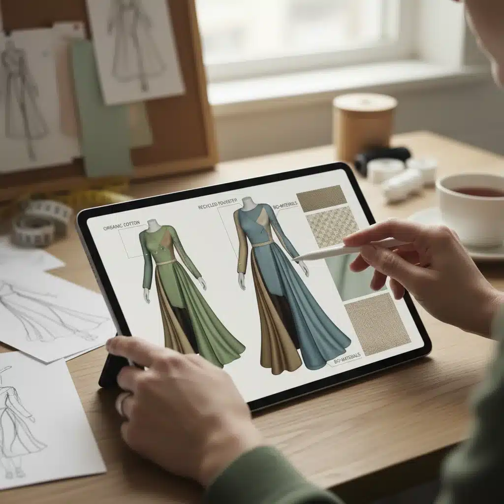 Designer using a digital tablet for sustainable garment 3D design and material selection.