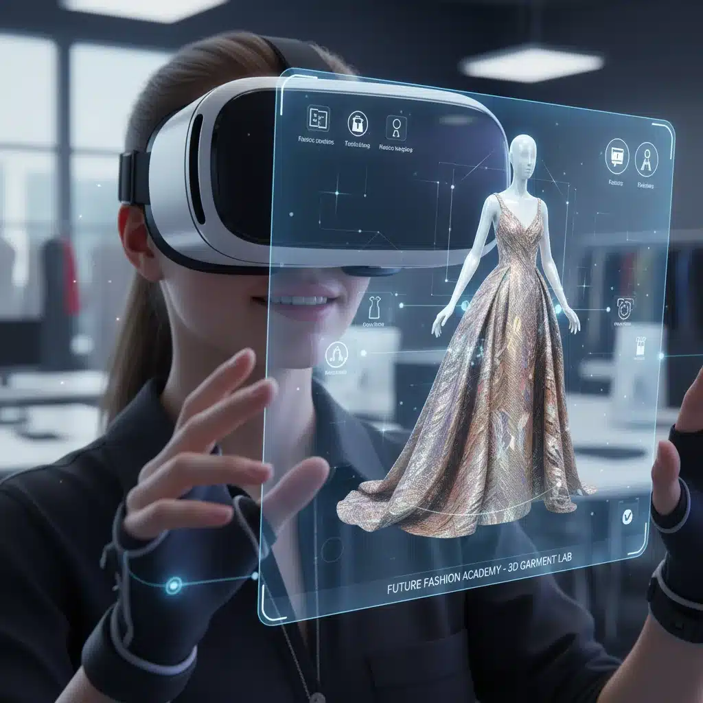 Fashion student using VR for 3D garment design simulation.