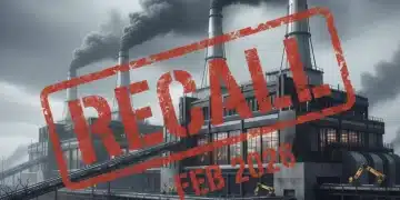 Industrial apparel factory with smoke and recall stamp, symbolizing environmental violations.