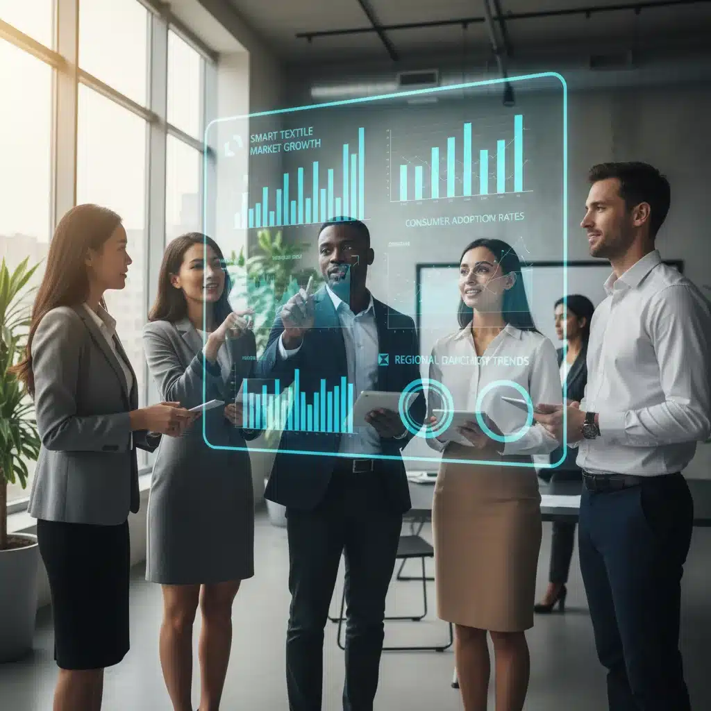 Business professionals analyzing smart textile market data and growth projections.
