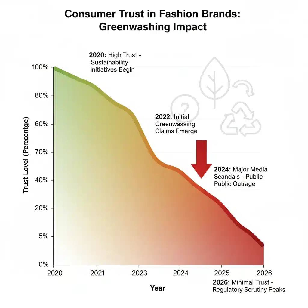 Graph showing declining consumer trust in fashion brands due to greenwashing, pre-2026.