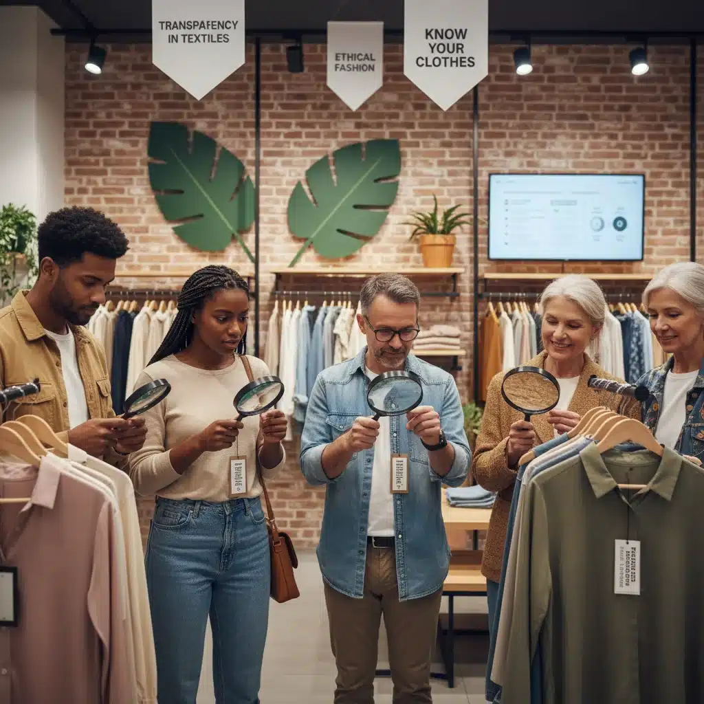 Consumers scrutinizing clothing labels for transparency and sustainability claims.