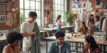 Fashion students collaborating on sustainable designs in a studio, reflecting future policy impacts.