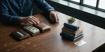 A person's hands gesture over a desk filled with a mix of traditional financial items like currency and modern benefit symbols such as a mini yoga mat and health insurance card, illustrating total compensation.