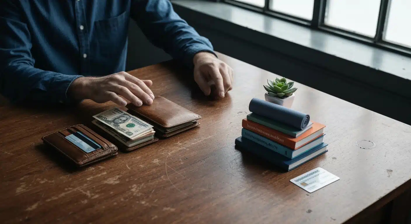 A person's hands gesture over a desk filled with a mix of traditional financial items like currency and modern benefit symbols such as a mini yoga mat and health insurance card, illustrating total compensation.