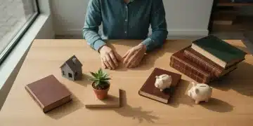 An overhead view of a person organizing various benefit items on a light oak table, including a miniature house, plant, books, and piggy bank, symbolizing a modern benefit portfolio strategy.