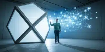 A person engaging with a holographic financial data projection, symbolizing the shift from outdated financial education to complex digital finance platforms.