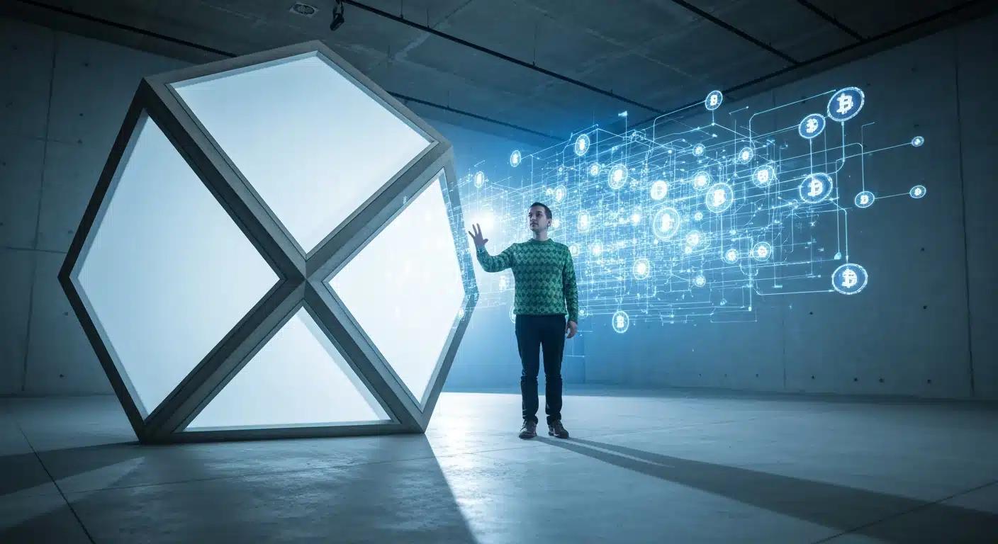 A person engaging with a holographic financial data projection, symbolizing the shift from outdated financial education to complex digital finance platforms.