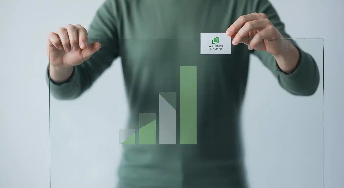 A person placing an aluminum 'wellness stipend' rectangle onto a frosted glass panel with a minimalist geometric graph, symbolizing the impact of economic shifts on benefits.