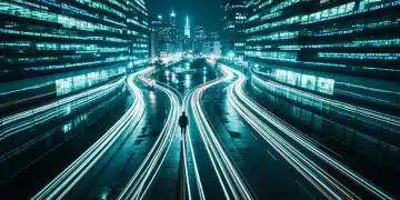 An aerial drone view of a person walking through a chaotic, glowing network of urban streets at night, representing the overwhelming flow of digital financial news and its impact on long-term financial planning.