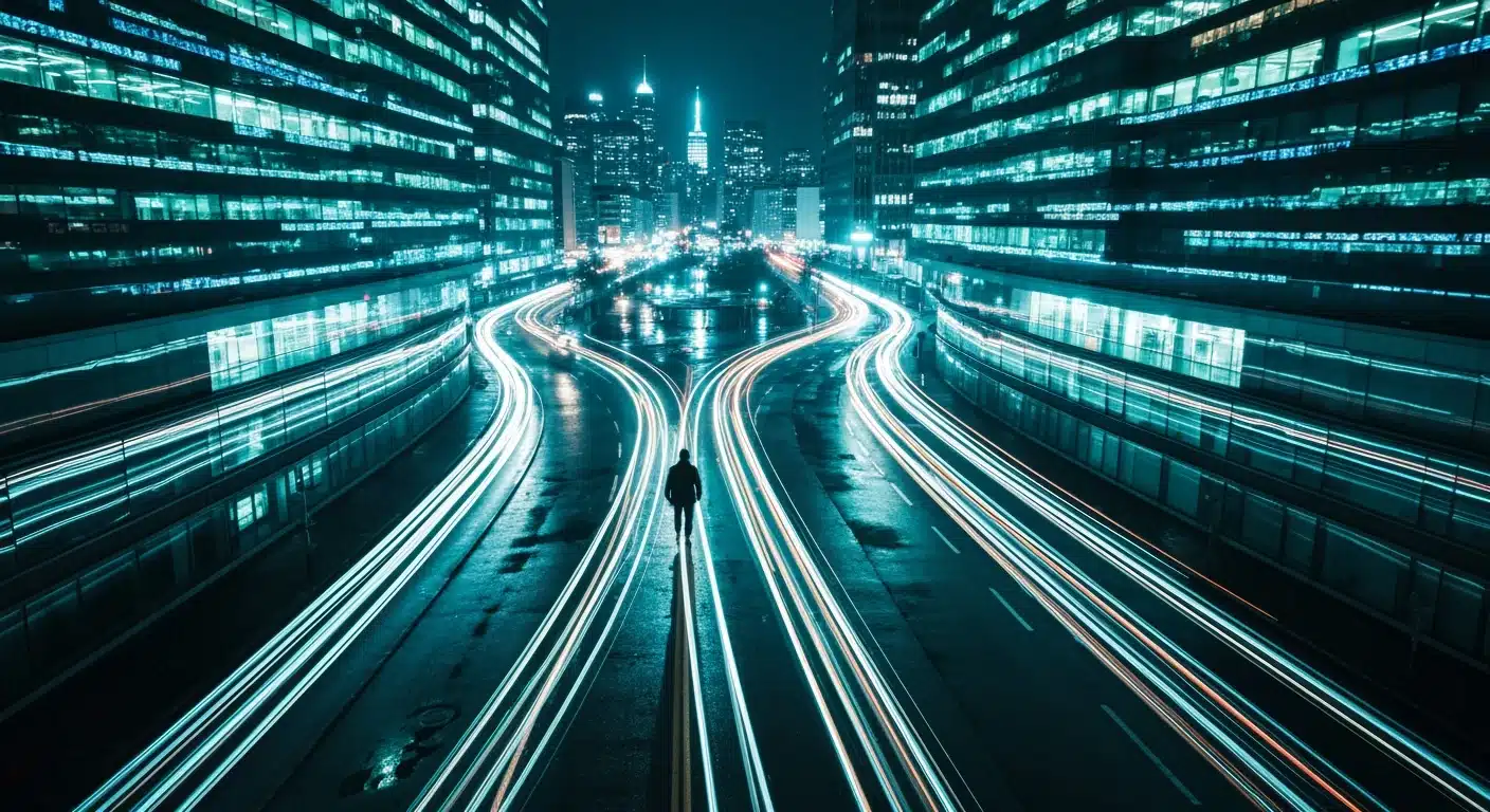 An aerial drone view of a person walking through a chaotic, glowing network of urban streets at night, representing the overwhelming flow of digital financial news and its impact on long-term financial planning.