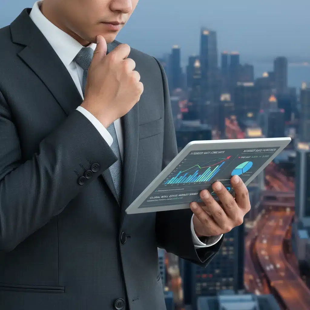 Investor analyzing real estate market trends and interest rate forecasts on a tablet, making strategic decisions.