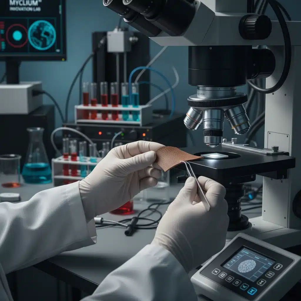 Researcher examining mushroom-based vegan leather sample