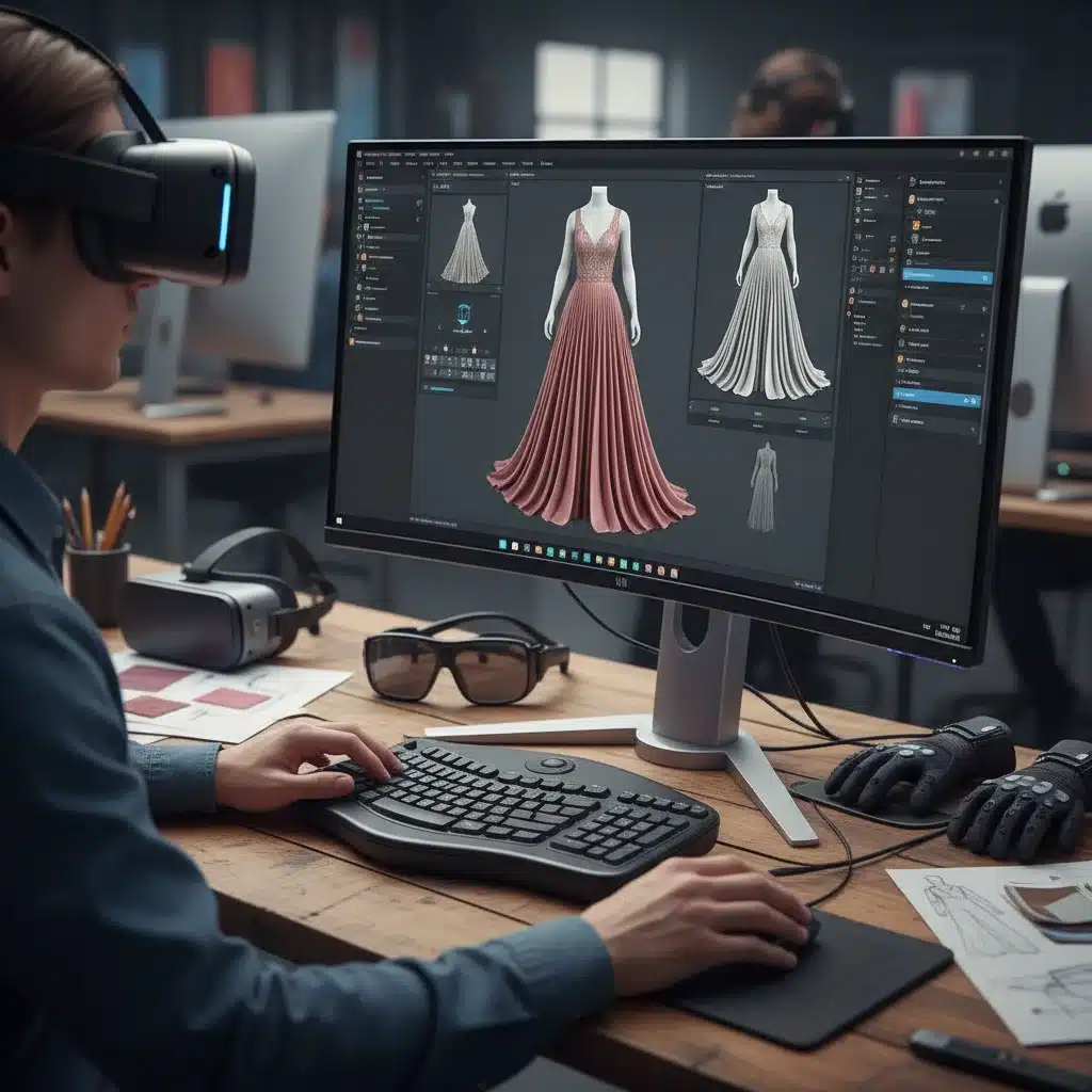 Student using 3D fashion design software for digital prototyping and virtual garment creation.