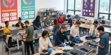 Students learning about textile recycling in a modern educational setting